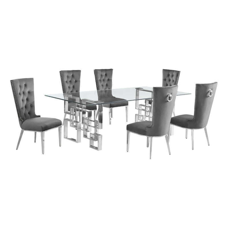 Best Quality Furniture 7pc Clear Glass Dining Set with Dark Gray Velvet Chairs