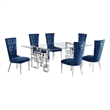 Best Quality Furniture 7pc Clear Glass Dining Set with Navy Blue Velvet Chairs