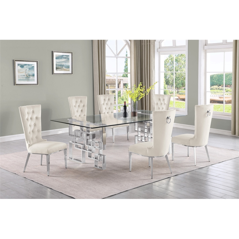 Best Quality Furniture 7pc Clear Glass Dining Set with Cream Velvet Chairs
