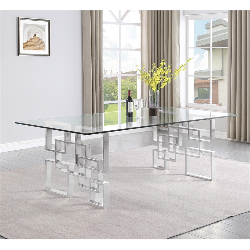 Best Quality Furniture 7pc Clear Glass Dining Set with Cream Velvet Chairs
