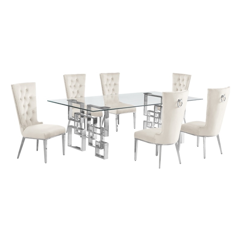 Best Quality Furniture 7pc Clear Glass Dining Set with Cream Velvet Chairs