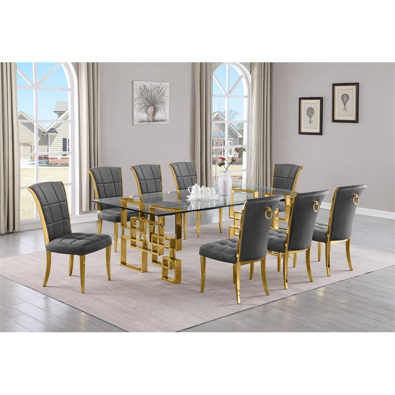 Best Quality Furniture 9pc Clear Glass Dining Set with Dark Gray Velvet Chairs