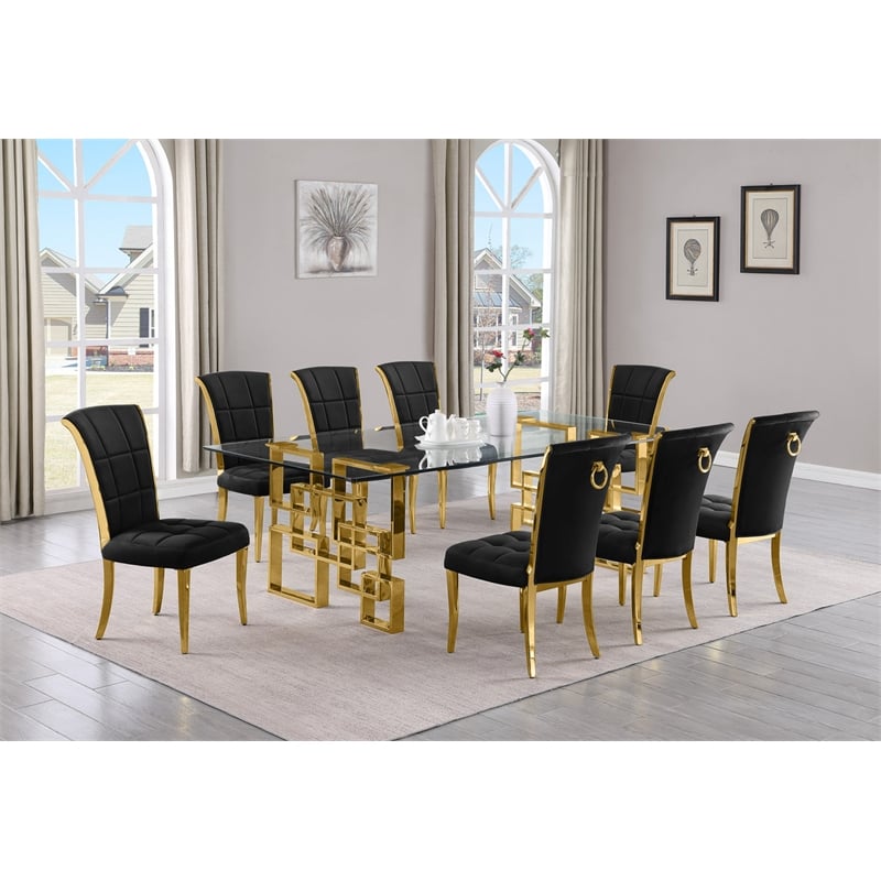 Best Quality Furniture 9pc Clear Glass Dining Set with Black Velvet Chairs