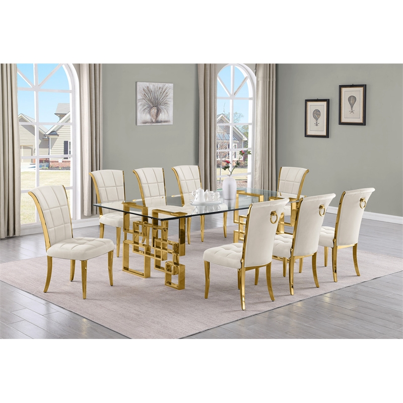 Best Quality Furniture 9pc Clear Glass Dining Set with Cream Velvet Chairs
