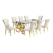Best Quality Furniture 9pc Clear Glass Dining Set with Cream Velvet Chairs