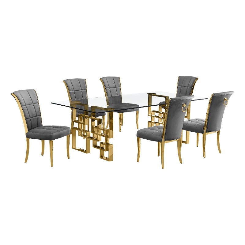 Best Quality Furniture 7pc Clear Glass Dining Set with Dark Gray Velvet Chairs
