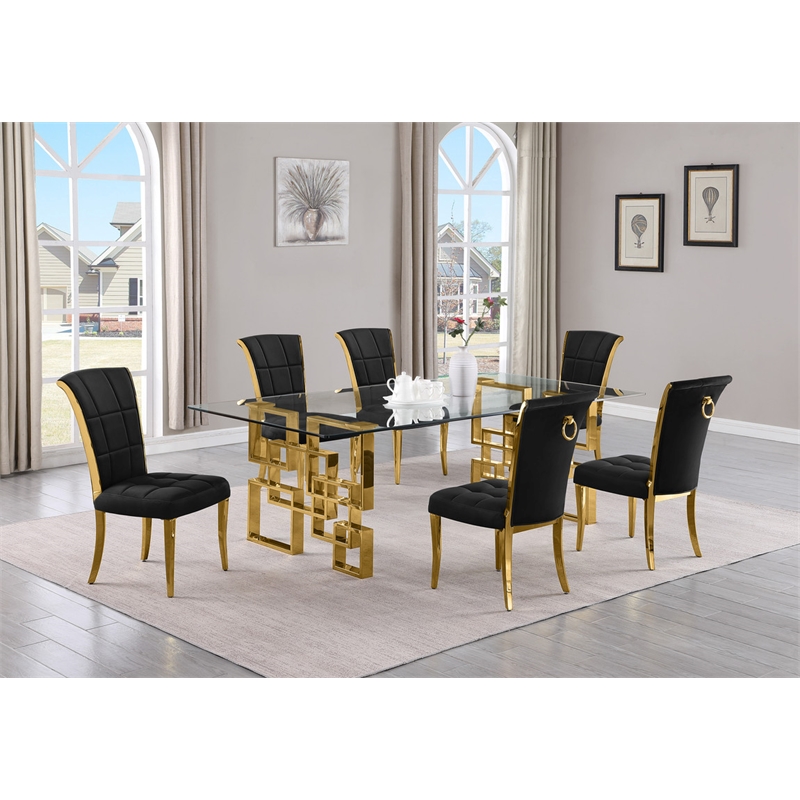 Best Quality Furniture 7pc Clear Glass Dining Set with Black Velvet Chairs