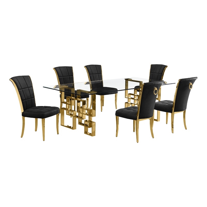 Best Quality Furniture 7pc Clear Glass Dining Set with Black Velvet Chairs