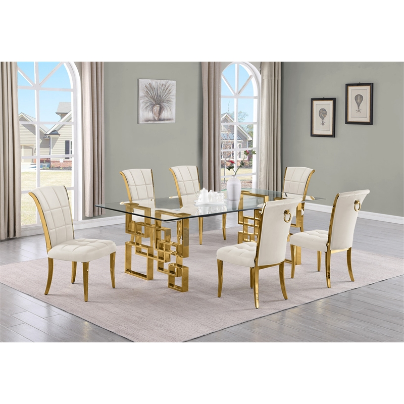 Best Quality Furniture 7pc Clear Glass Dining Set with Cream Velvet Chairs