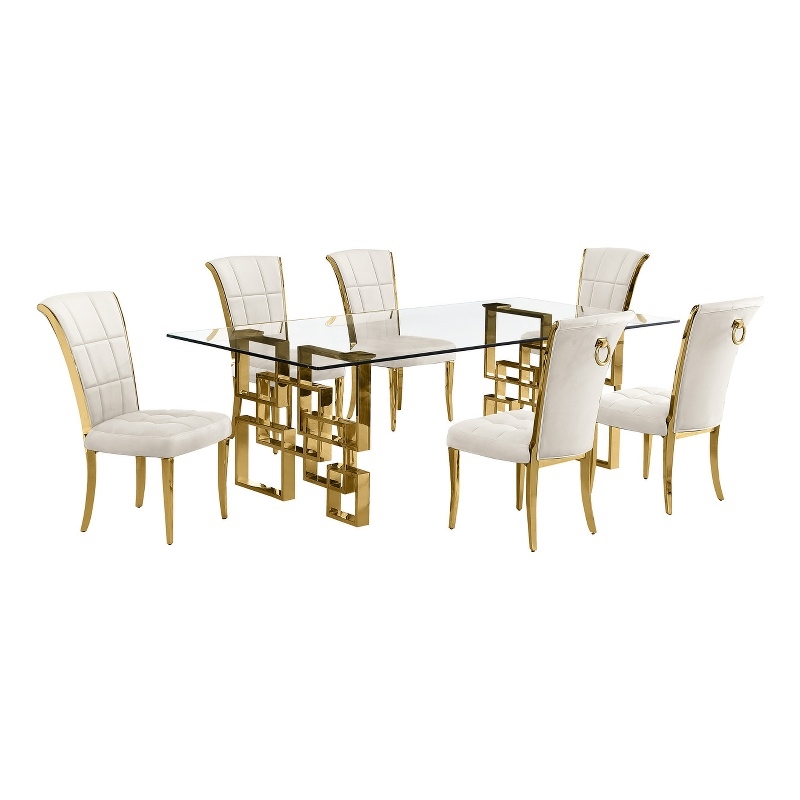 Best Quality Furniture 7pc Clear Glass Dining Set with Cream Velvet Chairs