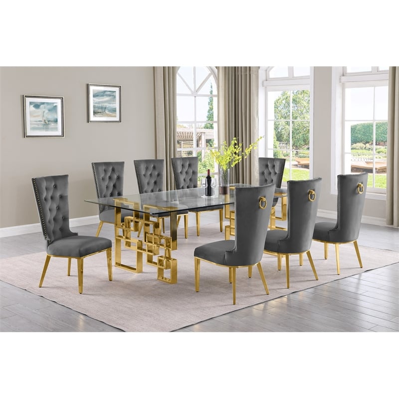 Best Quality Furniture 9pc Clear Glass Dining Set with Dark Gray Velvet Chairs