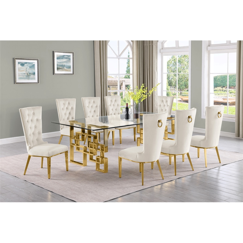 Best Quality Furniture 9pc Clear Glass Dining Set with Cream Velvet Chairs