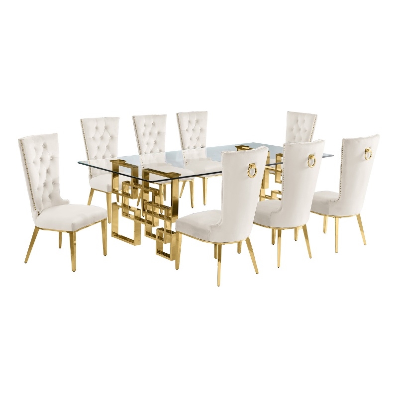 Best Quality Furniture 9pc Clear Glass Dining Set with Cream Velvet Chairs