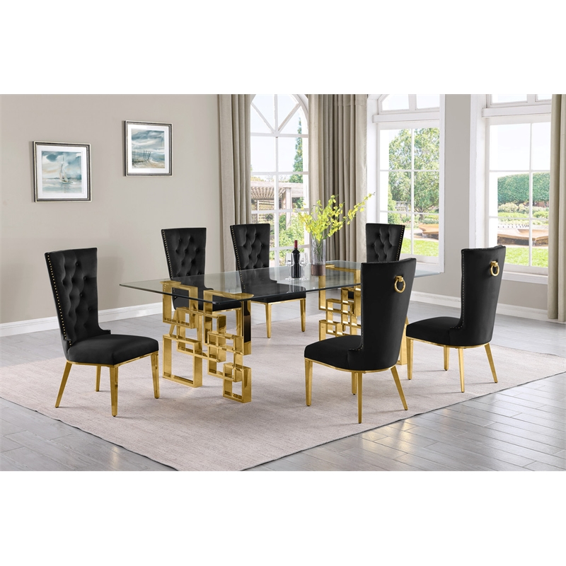 Best Quality Furniture 7pc Clear Glass Dining Set with Black Velvet Chairs