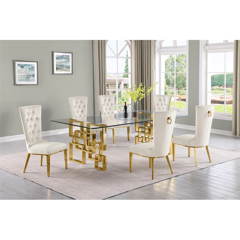 Best Quality Furniture 7pc Clear Glass Dining Set with Cream Velvet Chairs
