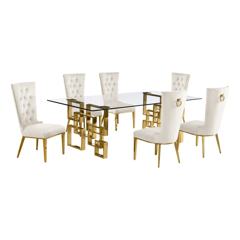 Best Quality Furniture 7pc Clear Glass Dining Set with Cream Velvet Chairs