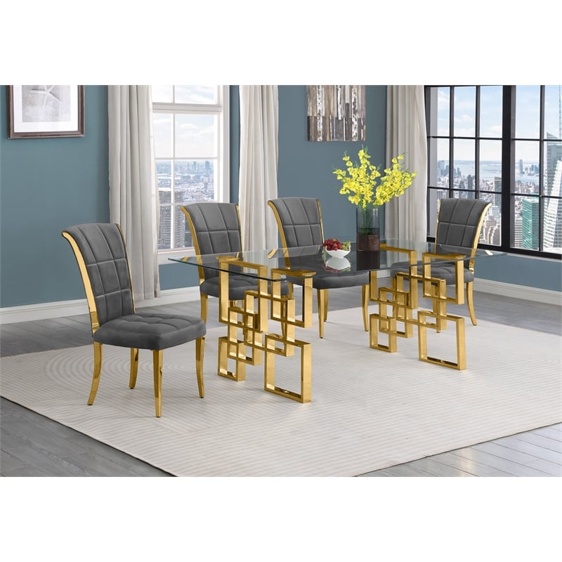 Best Quality Furniture 5pc Clear Glass Dining Set with Dark Gray Velvet Chairs