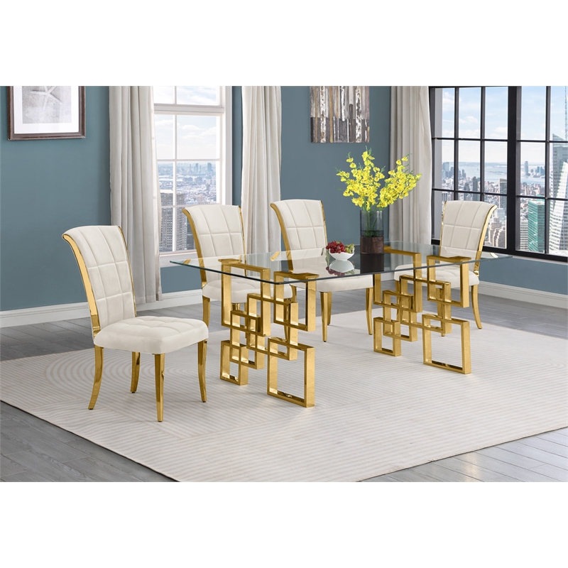 Best Quality Furniture 5pc Clear Glass Dining Set with Cream Velvet Chairs