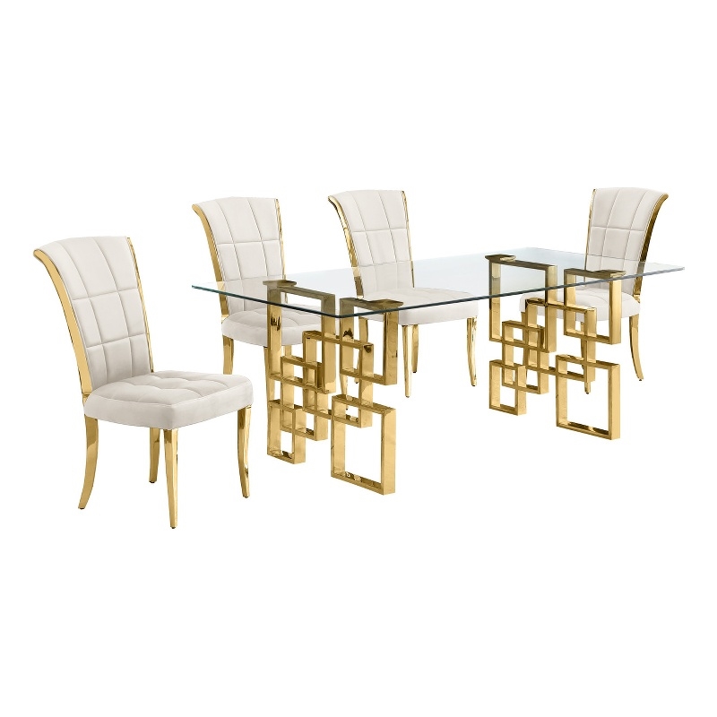 Best Quality Furniture 5pc Clear Glass Dining Set with Cream Velvet Chairs