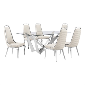 Best Quality Furniture 7pc Clear Glass Dining Set with Cream Velvet Chairs