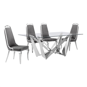 Best Quality Furniture 5pc Clear Glass Dining Set with Dark Gray Velvet Chairs
