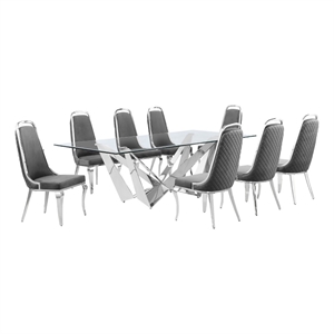Best Quality Furniture 9pc Clear Glass Dining Set with Dark Gray Velvet Chairs