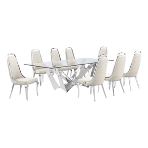 Best Quality Furniture 9pc Clear Glass Dining Set with Cream Velvet Chairs