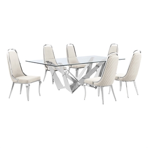 Best Quality Furniture 7pc Clear Glass Dining Set with Cream Velvet Chairs