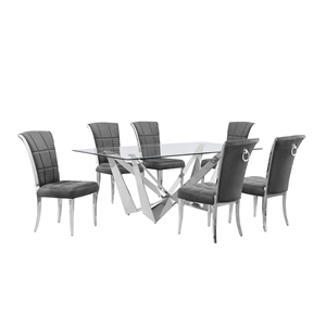 Best Quality Furniture 7pc Clear Glass Dining Set with Dark Gray Velvet Chairs