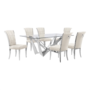 Best Quality Furniture 7pc Clear Glass Dining Set with Cream Velvet Chairs