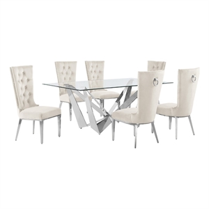 Best Quality Furniture 7pc Clear Glass Dining Set with Cream Velvet Chairs