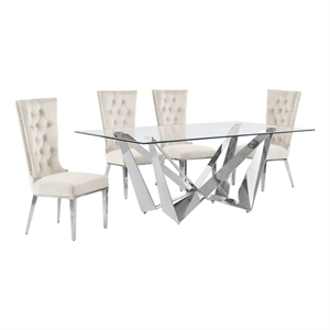 Best Quality Furniture 5pc Clear Glass Dining Set with Cream Velvet Chairs