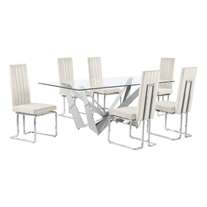 Best Quality Furniture 7pc Clear Glass Dining Set with Cream Velvet Chairs
