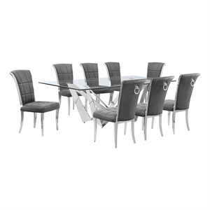 Best Quality Furniture 9pc Clear Glass Dining Set with Dark Gray Velvet Chairs