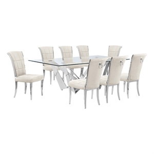 Best Quality Furniture 9pc Clear Glass Dining Set with Cream Velvet Chairs