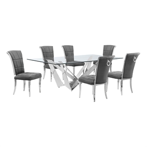 Best Quality Furniture 7pc Clear Glass Dining Set with Dark Gray Velvet Chairs