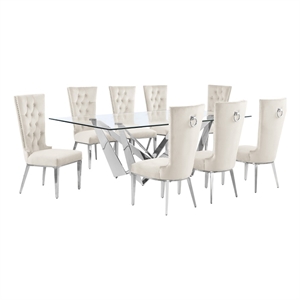 Best Quality Furniture 9pc Clear Glass Dining Set with Cream Velvet Chairs