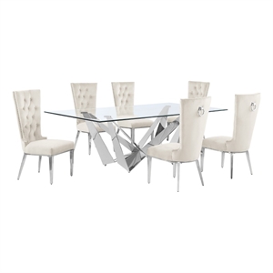 Best Quality Furniture 7pc Clear Glass Dining Set with Cream Velvet Chairs