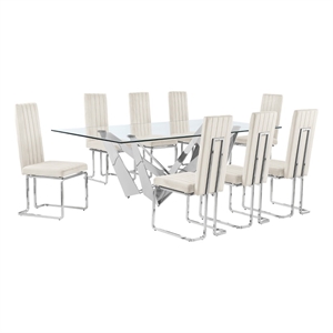 Best Quality Furniture 9pc Clear Glass Dining Set with Cream Velvet Chairs