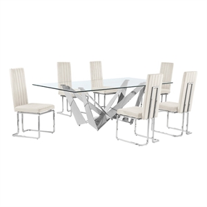 Best Quality Furniture 7pc Clear Glass Dining Set with Cream Velvet Chairs