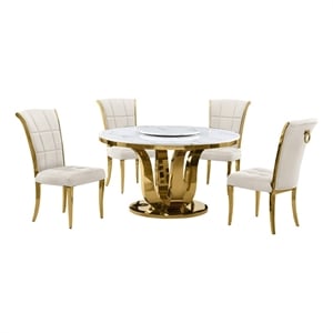Best Quality Furniture White Marble Dining Set with Lazy Susan and Cream Chairs