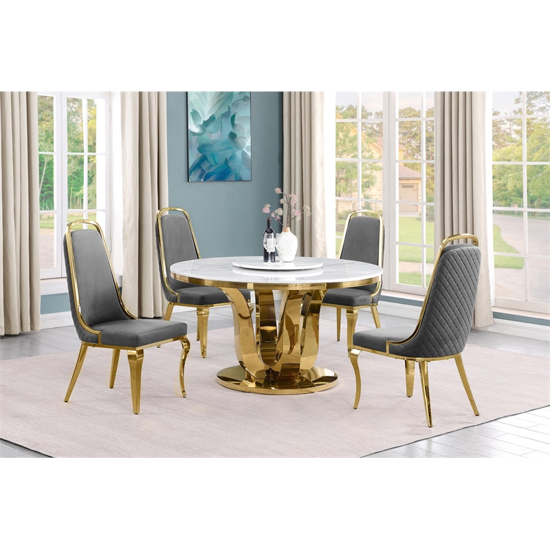 Best Quality Furniture White Marble Dining Set w Lazy Susan and Dark Gray Chairs