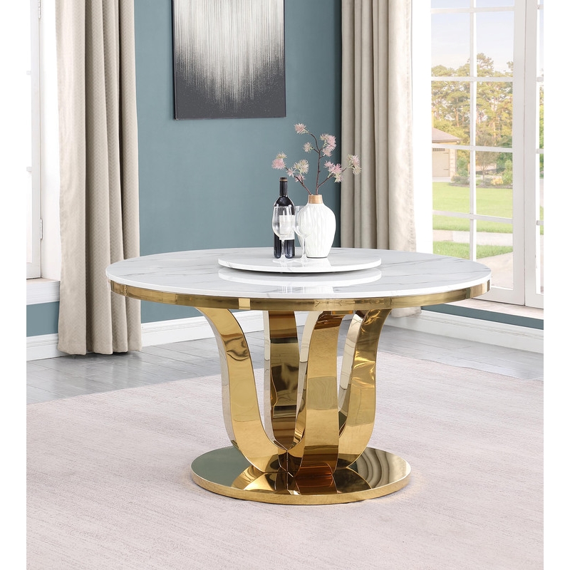 Best Quality Furniture White Marble Dining Set w Lazy Susan and Dark Gray Chairs