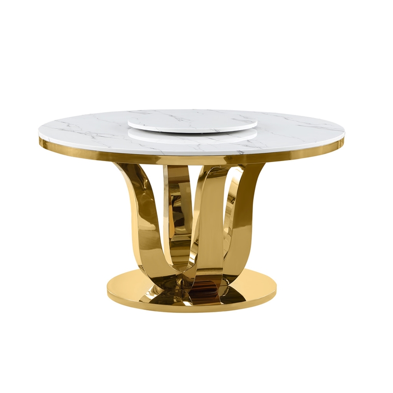 Best Quality Furniture White Marble Dining Set w Lazy Susan and Dark Gray Chairs