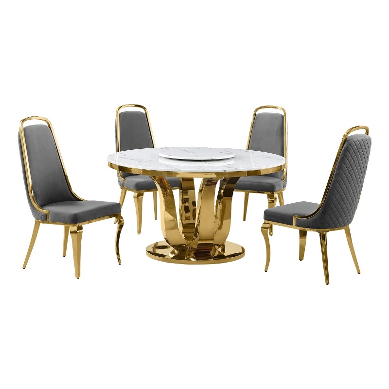 Best Quality Furniture White Marble Dining Set w Lazy Susan and Dark Gray Chairs