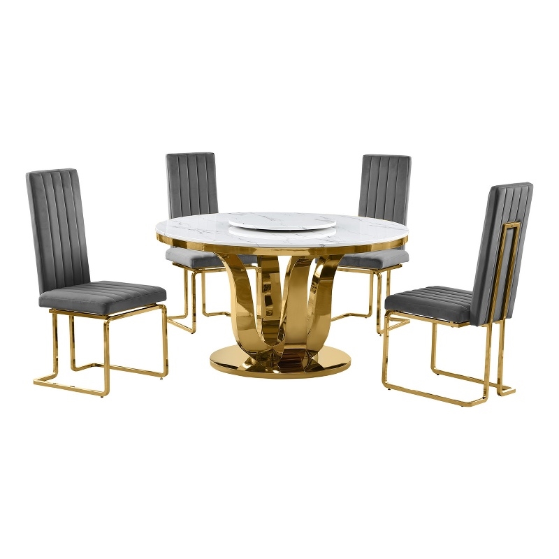 Best Quality Furniture White Marble Dining Set w Lazy Susan and Dark Gray Chairs