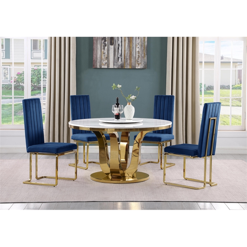 Best Quality Furniture White Marble Dining Set w Lazy Susan and Navy Blue Chairs
