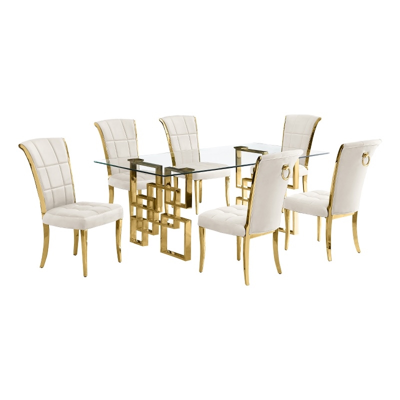 Best Quality Furniture 7-Piece Velvet & Stainless Steel Dining Set in Cream/Gold