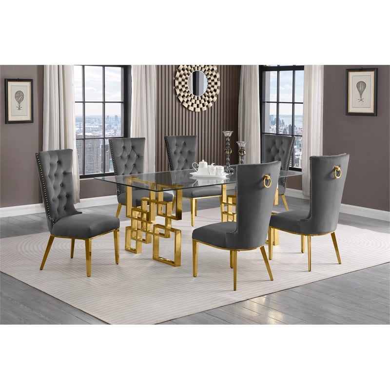 Best Quality Furniture 7-PC Velvet/Stainless Steel Dining Set in Dark Gray/Gold