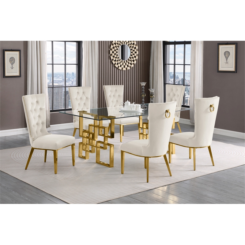 Best Quality Furniture 7-Piece Velvet/Stainless Steel Dining Set in Cream/Gold